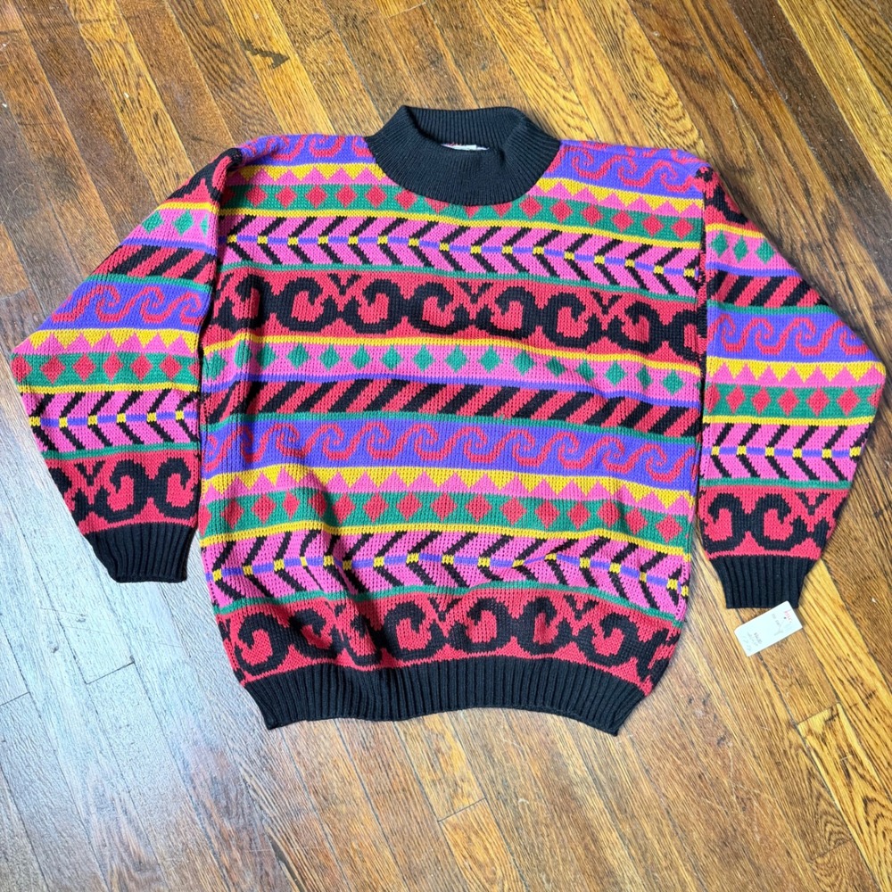Vintage Jessica Roberts Multi Color Geometric Mock Neck Knit Sweater USA Medium